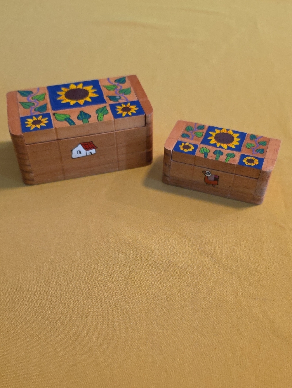 Hand-Painted Sunflower Wood Nesting Trinket Boxes - Set of 2
